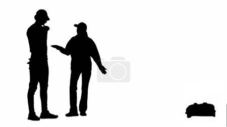 Photo for Traveling creative airport advertisement concept. Portrait of traveler isolated on white background alpha channel. Silhouette of woman standing talking with security man at the airport. - Royalty Free Image