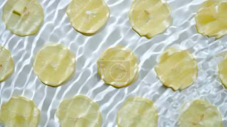 Téléchargez les photos : Tranche de citron sous l'eau ou dans l'eau avec éclaboussures et gouttelettes vue de dessus plat posé sur fond blanc - en image libre de droit