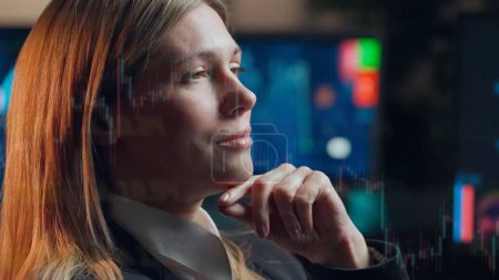 Photo for Financial analyzing and market forecast concept with young woman working with data. Double exposure. - Royalty Free Image