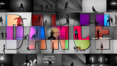 Téléchargez les photos : Un ensemble de collages de danseurs de différents styles qui forment le mot DANCE - en image libre de droit