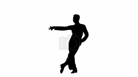Téléchargez les photos : Silhouette de danseuse de salon masculine. Cette silhouette saisissante capture un danseur de salon masculin en pleine foulée, sa posture et son équilibre condensés dans une forme audacieuse et graphique. Sur un fond blanc craquant - en image libre de droit