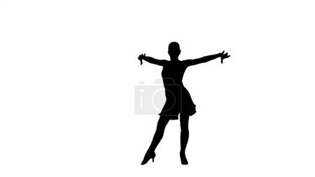 Standardtänzerin Silhouette in Bewegung. Eingefangen in einer dynamischen Haltung verkörpert diese Silhouette einer Standardtänzerin vor weißem Hintergrund die Eleganz und Energie des Tanzes. Die Tänzer erweiterten