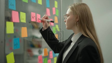 Photo for Brainstorming and ideas in modern business creative concept. Portrait of corporate leader in office planning project on notes. Business woman draws financial round diagram with figures on glass board. - Royalty Free Image