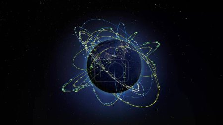 Foto de Visualización global de datos de red sobre la Tierra. Esta imagen ilustra una visualización avanzada de redes globales, que representa rutas de transferencia de datos y nodos sobre la Tierra. El vibrante amarillo y azul - Imagen libre de derechos