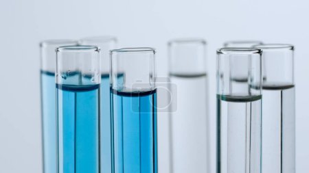 Photo for Science and biotechnology creative concept. Close up shot of laboratory glassware on white background. Test tubes with transparent and blue liquid fluid in laboratory, scientific expertise - Royalty Free Image