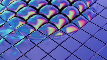 Foto de Superficie de baldosas holográficas con distorsiones esféricas. Esta impactante imagen captura una superficie única y visualmente cautivadora compuesta por azulejos iridiscentes, cada uno reflejando un espectro de colores vibrantes - Imagen libre de derechos