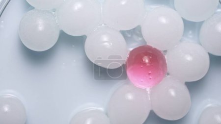 Foto de Muchas esferas de hidrogel blanco con una rosada. Las brillantes esferas redondas de gel brillan sobre el fondo blanco del estudio - Imagen libre de derechos