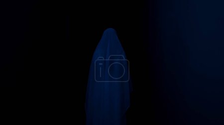 Photo for Horror movie and poltergeist creative advertisement concept. Silhouette of ghost female in the house. Woman in white dress with veil covering her face in dark room with blue lightning. - Royalty Free Image