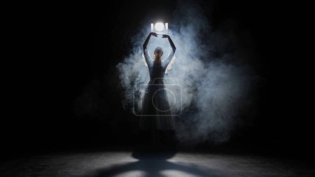 Photo for Classical and modern ballet creative advertisement concept. Silhouette of female on black background under spotlight projector in studio. Ballerina in white tulle dancing slow choreography in smoke. - Royalty Free Image