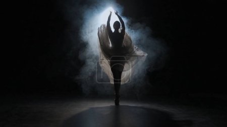 Foto de Concepto clásico y moderno de publicidad creativa de ballet. Retrato de mujer sobre fondo negro bajo proyector en estudio. Bailarina en tul blanco bailando coreografía lenta en humo. - Imagen libre de derechos