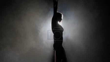Photo for Modern dance style and choreography creative concept. Portrait of young female dancer in the studio. Professional pole dancer girl silhouette dancing modern pole dance against spotlight background. - Royalty Free Image