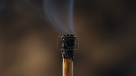 Téléchargez les photos : Photo macro d'une allumette carbonisée noire et de nuages de fumée blanche. allumette en bois éteint brûlé sur fond sombre studio - en image libre de droit