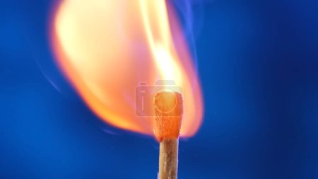 Foto de Macro disparo de un partido en llamas contra un fondo de estudio azul. La llama de la cerilla encendida ilumina el espacio oscuro. El fósforo ardiente está envuelto en una llama naranja, vibrante y dinámica - Imagen libre de derechos