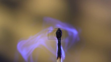 Photo for Macro shot of a black charred match and clouds of white smoke. Burned extinguished wooden match on yellow studio background - Royalty Free Image