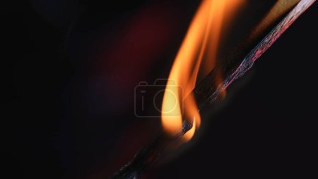 Téléchargez les photos : Match brûlant sur fond noir du studio. La flamme brûle la allumette en bois et elle s'estompe progressivement et s'assombrit. Concept de lumière et d'énergie. Macro shot - en image libre de droit