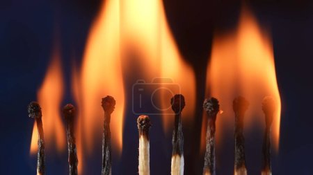 Photo for Row of burning matches. Matches burning and illuminating the dark studio space with light and warmth. Macro shot. - Royalty Free Image