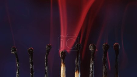 Photo for Row of black charred matches and light white smoke on dark studio background. The matches have extinguished and left a trail of smoke. Macro shot - Royalty Free Image