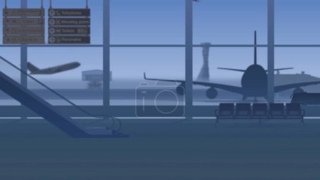 Foto de El marco muestra un aeropuerto vacío en el fondo general, una sala de espera sin personas fuera de las ventanas de los cuales los aviones que despegan en la pista y el transporte - Imagen libre de derechos