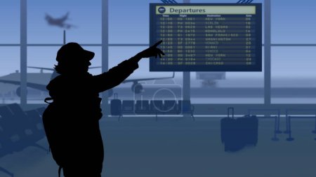 Téléchargez les photos : Le cadre montre un aéroport avec une salle d'attente. Un homme en silhouette pointe du doigt le tableau de bord. Dans son arrière-plan est une piste sur laquelle les avions décollent. - en image libre de droit