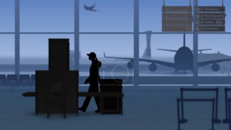 Téléchargez les photos : Le cadre montre un aéroport avec une salle d'attente. Une femme se tient debout avec une valise près d'un poste de contrôle. Sur sa piste de fond avec des avions. - en image libre de droit