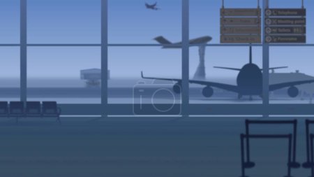 Téléchargez les photos : Le cadre montre un aéroport vide en arrière-plan général, une salle d'attente sans personnes à l'extérieur des fenêtres dont les avions qui décollent sur la piste et le transport - en image libre de droit