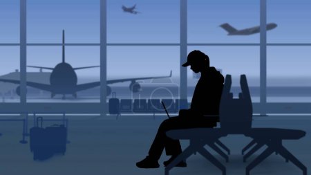 Téléchargez les photos : Le cadre montre un aéroport avec une salle d'attente. Une femme est assise en silhouette dans ses mains elle a un ordinateur portable, elle tape, dans les réseaux sociaux, des sites web. Sur sa piste de fond avec des avions. - en image libre de droit