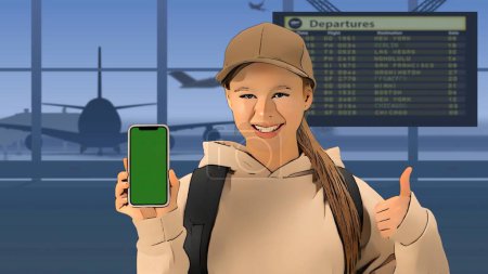 Téléchargez les photos : Dans le gros plan de l'aéroport avec la salle d'attente. Une femme au premier plan regarde dans la caméra, sourit et tient l'écran vert du téléphone à la caméra. Espace publicitaire. - en image libre de droit