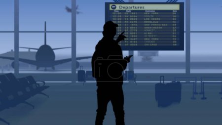 Téléchargez les photos : Le cadre montre un aéroport avec une salle d'attente. Un homme en silhouette regarde le tableau de bord et vérifie les vols avec son téléphone. Dans son arrière-plan est une piste sur laquelle les avions décollent. - en image libre de droit