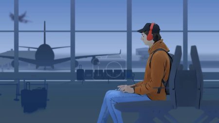 Téléchargez les photos : Le cadre montre un aéroport avec une salle d'attente. Un homme assis sort des écouteurs sans fil et écoute de la musique, il aime la musique, il aime ça. Dans son arrière-plan est une piste avec des avions. - en image libre de droit