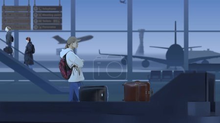 Téléchargez les photos : Le cadre montre un aéroport avec une salle d'attente. Une femme attend ses bagages pendant qu'ils sont enregistrés par des scanners à rayons X. Puis il prend sa valise et part. Sur sa piste de fond avec des avions - en image libre de droit