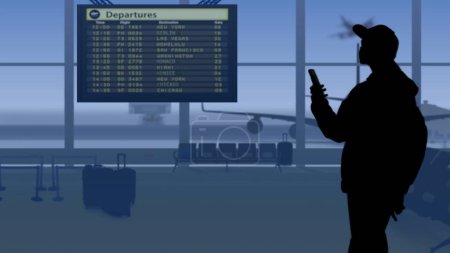 Photo for The frame shows an airport with a waiting room. A woman in silhouette looks at the scoreboard and checks the flights with his phone. In his background is a runway on which airplanes are taking off. - Royalty Free Image