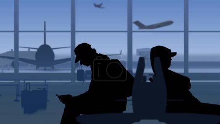 Téléchargez les photos : Le cadre montre un aéroport avec une salle d'attente. Deux personnes en silhouette sont assises sur des côtés opposés, un homme prend des selfies. Une fille fait une sieste. Dans leur arrière-plan est une piste avec des avions. - en image libre de droit