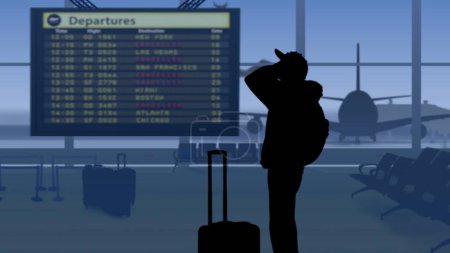 Photo for The frame shows an airport with a waiting room. The man in the frame is going to the scoreboard, she missed her flight, she is sad, she is upset. Against her background is a runway with airplanes. - Royalty Free Image