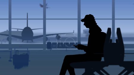 Téléchargez les photos : Le cadre montre un aéroport avec une salle d'attente. Un homme assis sort des écouteurs sans fil et écoute de la musique, il aime la musique, il aime ça. Dans son arrière-plan est une piste avec des avions. - en image libre de droit