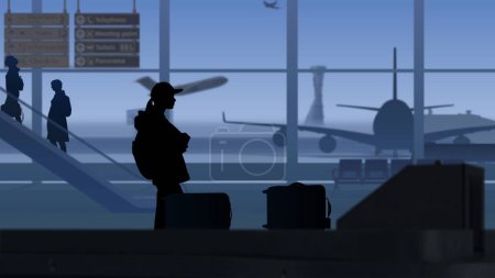 Téléchargez les photos : Le cadre montre un aéroport avec une salle d'attente. Une femme attend ses bagages pendant qu'ils sont enregistrés par des scanners à rayons X. Puis il prend sa valise et part. Sur sa piste de fond avec des avions - en image libre de droit