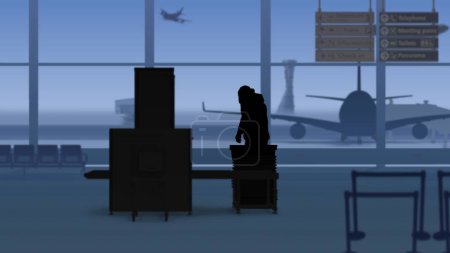 Foto de El marco muestra un aeropuerto con una sala de espera. Una mujer está con una maleta cerca de un puesto de control. En su pista de fondo con aviones. - Imagen libre de derechos