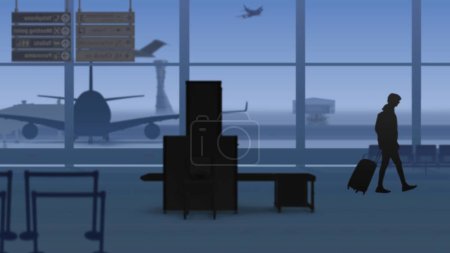 Photo for The frame shows an airport with a waiting room. A man stands with a suitcase near a checkpoint. On its background runway with airplanes. - Royalty Free Image