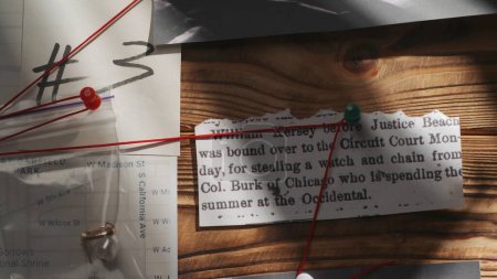 Photo for Criminology and forensic creative advertisement concept. Close up shot of investigation board. Detective board with pieces of newspapers, pearl earring evidence and red thread connecting clue proofs. - Royalty Free Image