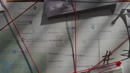 Photo for Criminology and forensic creative advertisement concept. Close up shot of investigation board. Detective board with map of crime scene, pinned note with numbers and red thread connecting clue proofs. - Royalty Free Image