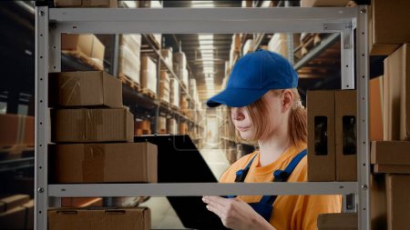 Photo for Business warehouse and logistics creative advertisement concept. Portrait of female model working in storage. Girl storekeeper in uniform standing near rack with boxes, checks goods writing in blank. - Royalty Free Image