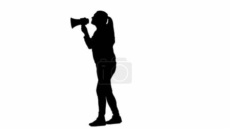 Photo for Silhouette of a female activist isolated on a white alpha channel. Female activist speaking and protesting with a megaphone - Royalty Free Image