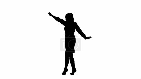 Photo for Modern business woman. Black silhouette of office girl on white isolated background. Woman in skirt and blouse dancing cheerfully - Royalty Free Image