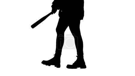 Photo for Black silhouette of woman walking with bat in hand on white isolated background. Brutal freak woman. Feminist trend in fashion - Royalty Free Image