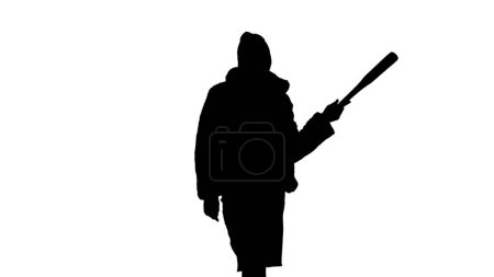 Photo for Black silhouette of woman with bat in hand on white isolated background. Brutal freak woman. Feminist trend in fashion - Royalty Free Image