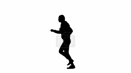 Photo for Black silhouette of a woman on a white isolated background. A young girl runs, fearfully looking around, fleeing faster from danger. Side view - Royalty Free Image