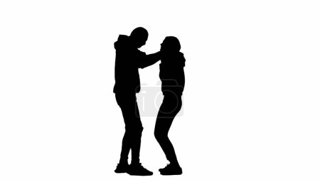 Photo for Robbery and criminal concept. Black silhouettes of thief and victim on white isolated background. A male robber strangles a girl, squeezing her neck with his hands - Royalty Free Image