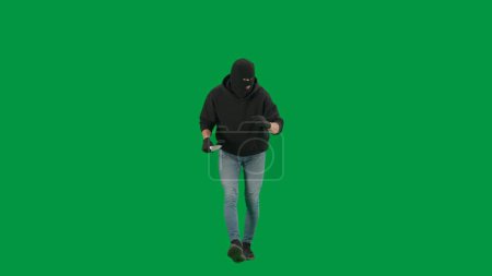Photo for Robbery and criminal concept. Portrait of thief on chroma key green screen background. Man robber in balaclava and hoodie walking holding knife in hand looks around. - Royalty Free Image