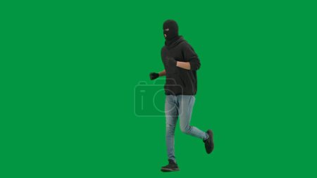 Photo for Robbery and criminal concept. Portrait of thief on chroma key green screen background. Man robber wearing hoodie, jeans and black balaclava, running getting ready for making a crime. Half turn - Royalty Free Image