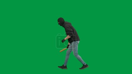 Photo for Robbery and criminal concept. Portrait of thief on chroma key green screen background. Man robber in balaclava and hoodie walking holding baseball bat in hand looks around. Side view - Royalty Free Image