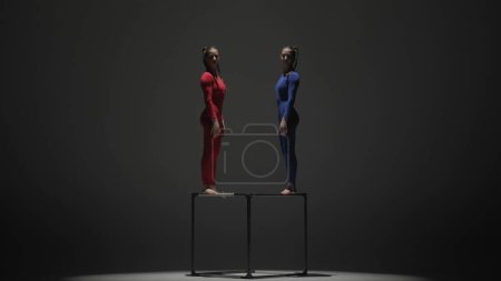 Photo for Modern choreography and acrobatics creative advertisement concept. Portrait of two female acrobats isolated on black background. Girls aerial dancers in blue red suits performing element on a cube. - Royalty Free Image